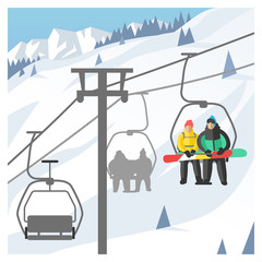 Snowboarder sitting in ski gondola and lift elevators. Winter sport resort background © Vectorvstocker