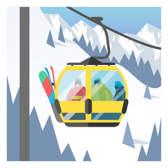 Snowboarder sitting in ski gondola and lift elevators. Winter sport resort background © Vectorvstocker