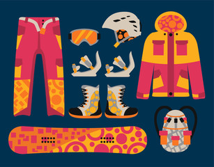 Snowboard sport clothes and tools elements