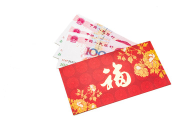 Hung Bao or Red packet with Good Fortune character contains China Renminbi Yuan notes