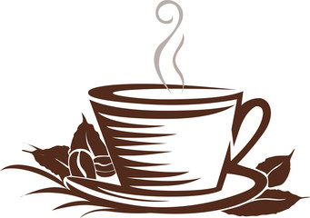 coffee cup with leaf and seed , stylized vector icon