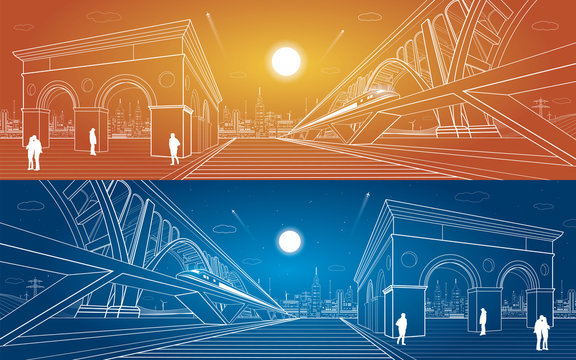 Transport and infrastructure panorama, train rides on the bridge, night city, vector design