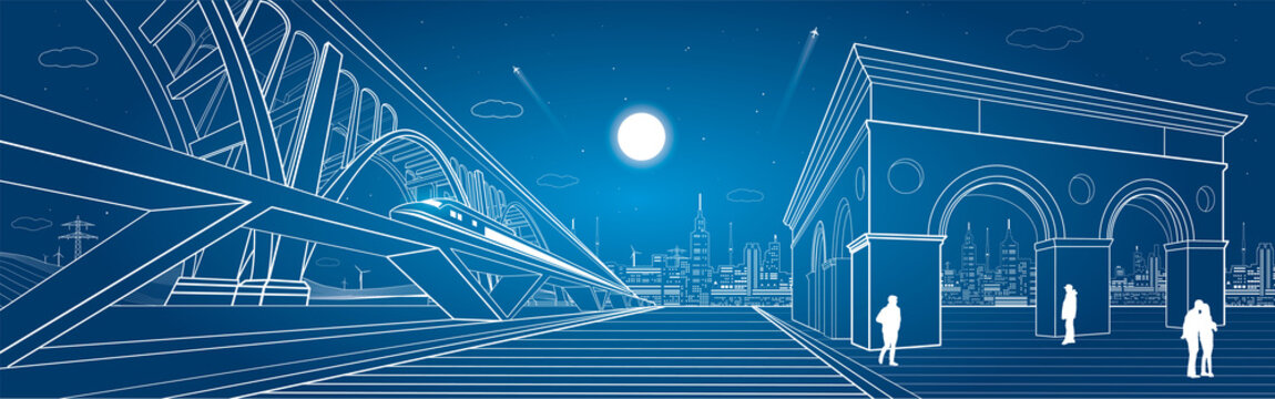 Transport and infrastructure panorama, train rides on the bridge, night city, vector design