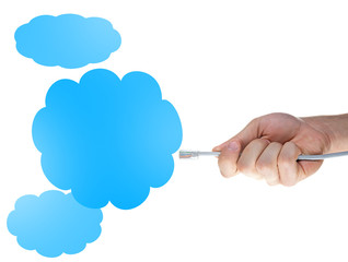 Internet cable in hand  and blue clouds, isolated on white