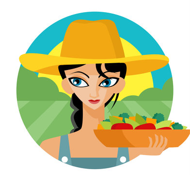 mujer en el campo con comida sana org&aacute;nica