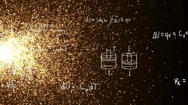 Abstract fire sparking background pattern with thermodynamics formula and math equation in doodle for physics and engineering education introduction in 4k ultra HD 