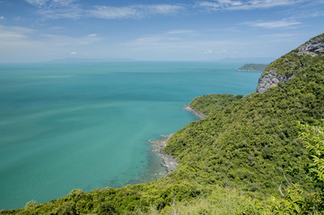 Angthong marine park near koh Samui, Thailand. Beautiful tropical island panoramic view with blue sky and water, exotic thai nature. Famous travel destination