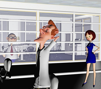 a computer rendered cartoon illustration of people at work in an office building
