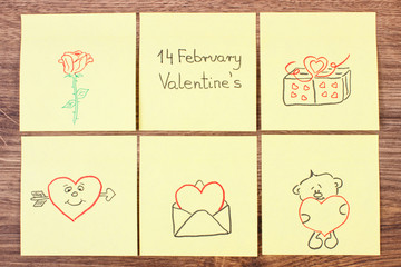 Symbols of Valentines Day drawn on paper, symbol of love