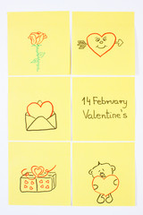 Symbols of Valentines Day drawn on paper, symbol of love