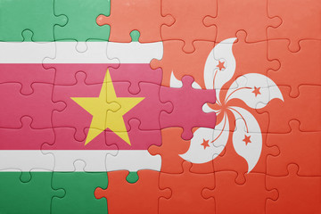 puzzle with the national flag of suriname and hong kong