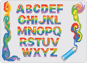 Буквы латинского алфавита из смешанных на палитре красок разных цветов