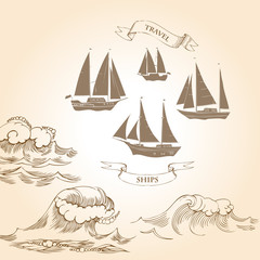 Background with ships and waves.Hand drawn sea, waves and yachts. Vector  Illustration