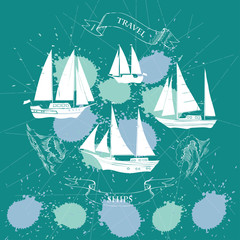 Background with ships and waves.Hand drawn sea, waves and yachts. Vector  Illustration