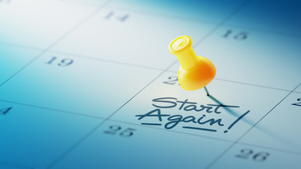 Concept image of a Calendar with a yellow push pin. Closeup shot - obrazy, fototapety, plakaty