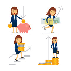 Businesswoman money and business woman on way to financial success. Vector illusration.