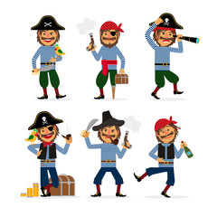 Cartoon pirate characters with pistol and rum and parrot. Vector illustration.