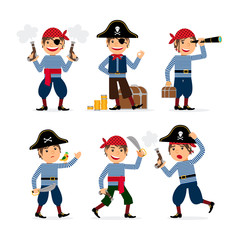 Pirate child boy party masquerade costume. Little pirate boy with parrot, pistol and treasures. Vector illustration.
