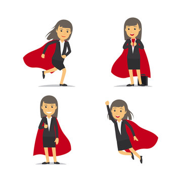Businesswoman superhero, Super business woman, dressed in red cloak. Vector illustraton.