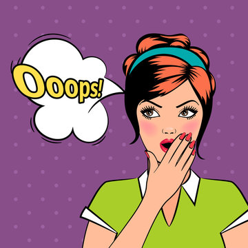 Oops comic pop art woman with bubble in retro style. Vector illustration. 