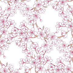 Fototapeta premium Seamless pattern with sakura. Hand drawn spring blossom trees. Vector illustration with cherry blossoms.