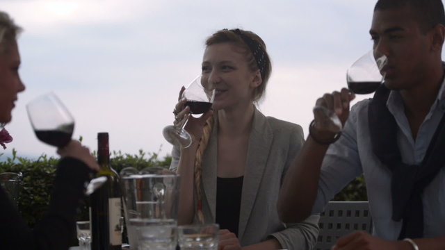 Friends make a toast at italian restaurant   