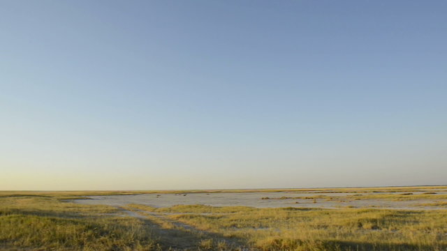 Looking over the Makgadikgadi Pans in Botswana, Africa at sunset in high definition
