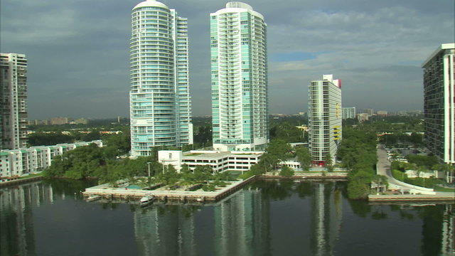 Aerial shot of tall hotels in Miami.