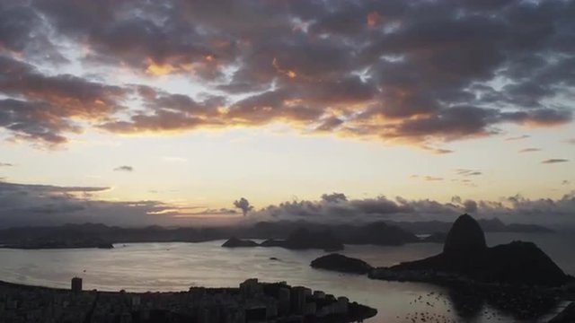 Panning shot of Rio de Janeiro and bay during sunset