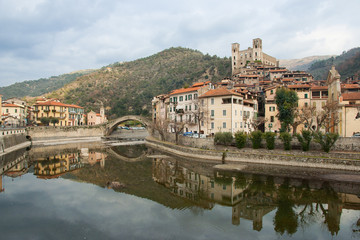 Fototapeta na wymiar View of Dolceacqua medieval village on Nervia river