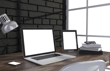Fototapeta premium 3D illustration laptop and work stuff on table near brick wall, Workspace