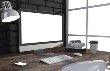 Fototapeta premium 3D illustration PC screen on table in office, Workspace
