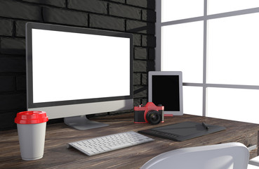 3D illustration PC screen on table in office, Workspace