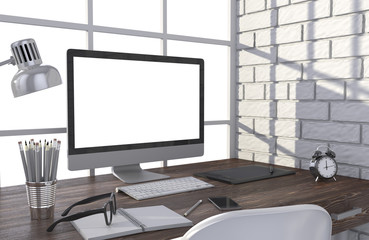 3D illustration PC screen on table in office, Workspace