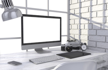 Fototapeta premium 3D illustration PC screen on table in office, Workspace