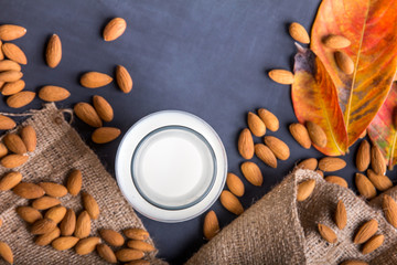 top view of almond milk with almonds around