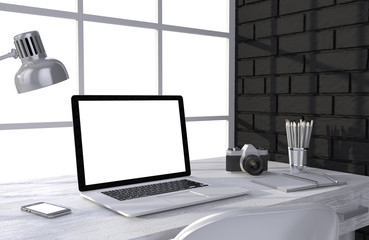 3D illustration laptop and work stuff on table near brick wall, Workspace