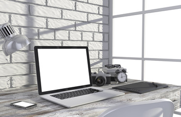 3D illustration laptop and work stuff on table near brick wall, Workspace