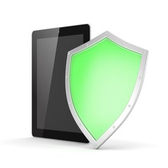 Tablet PC and shield on white device security concept