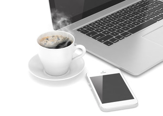 Laptop smartphone and coffee cup