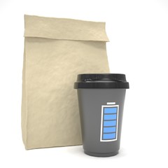 Coffee to go and lunch bag, on white.