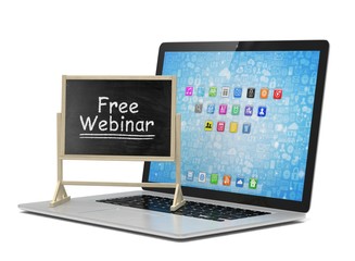 Laptop with chalkboard, free webinar, online education concept