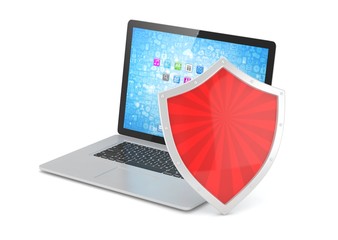 Laptop and shield on white, computer security concept