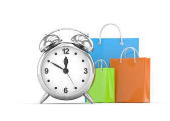 alarm clock and shopping bag (time to buy concept)