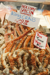 Cooked King Crab legs in a local fish market, Seattle, Washington