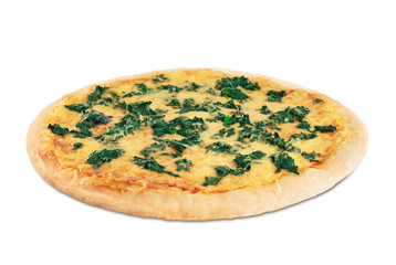 Pizza with spinach on a white background.