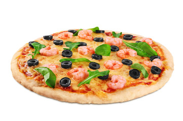 Pizza with shrimp olives and arugula on a white background.