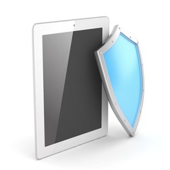 Tablet PC and shield on white device security concept