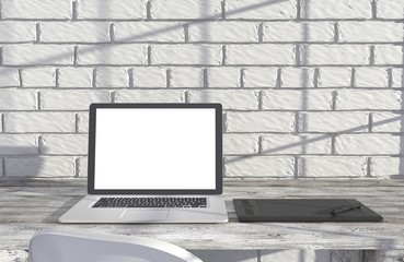 Fototapeta premium 3D illustration laptop and work stuff on table near brick wall, Workspace