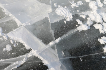 Cracks on an ice surface of the river, a natural background